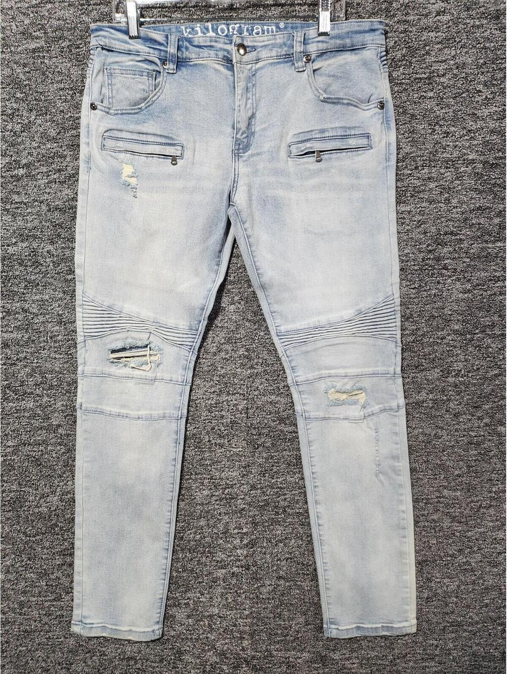 Kilogram Slim Tapered Light Blue Denim Jeans Button Zip Distressed 5-Pocket Men